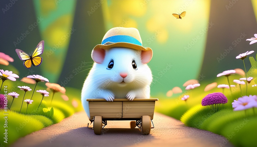 Naklejka premium A happy hamster in a wagon