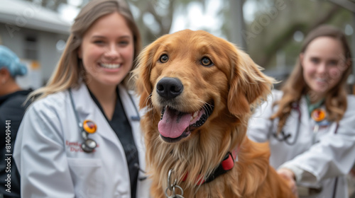 veterinarian with happy golden retriever dog 