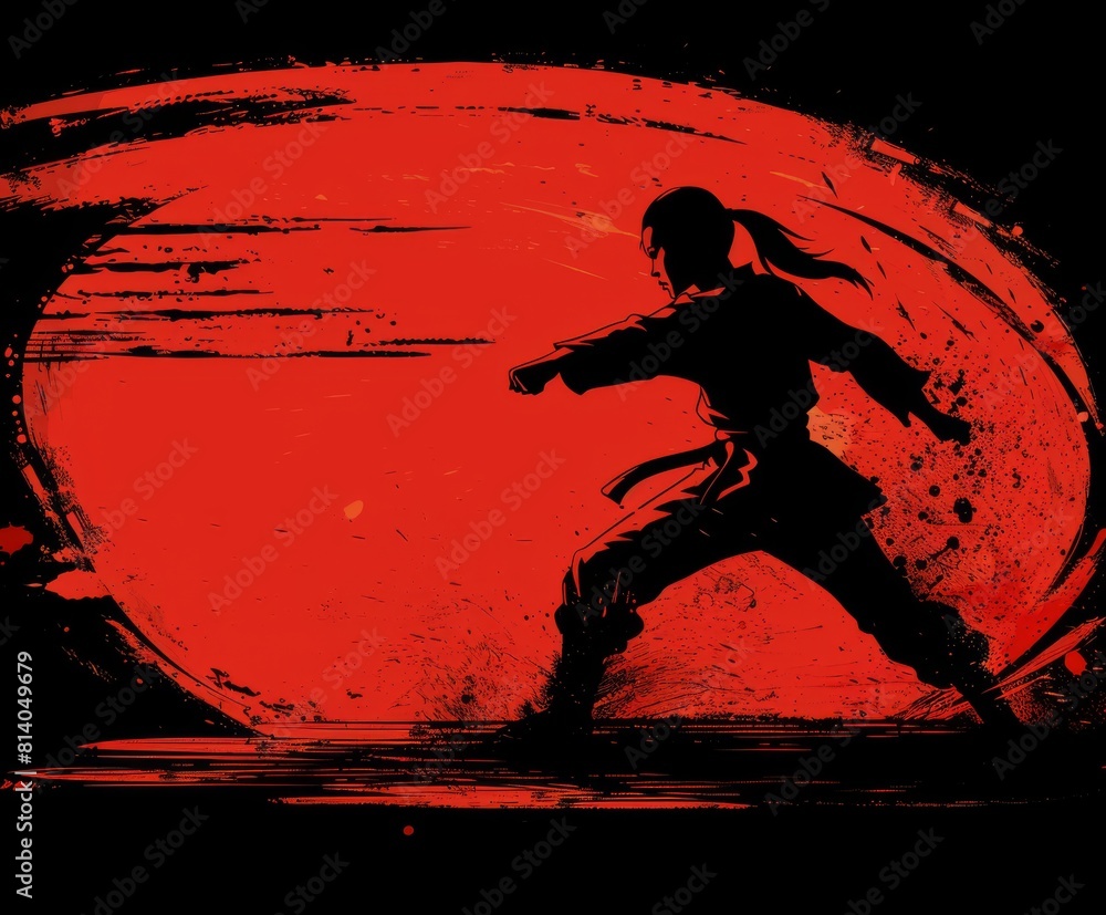 taekwondo or karate fighter on a plain background, hand-drawn grunge copy space style, Concept: martial arts and sports competitions