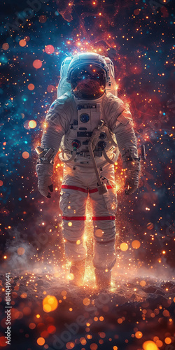 Astronaut with sparkling lights on dark backdrop