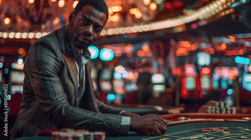  Serious and elegant black man in a suit leaning on to a gambling table in a casino, luxury photography, generative ai.