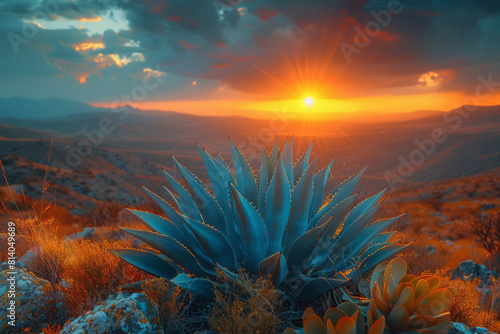 Surreal depiction of agave leaves framing the sunset, creating a tranquil and mystic desert scene, photo