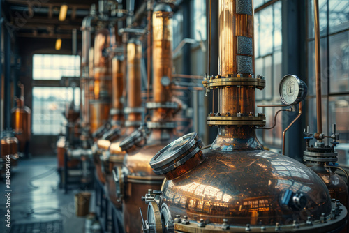Art piece illustrating the distillation process of rum, focusing on the copper stills that are essential for flavor, photo