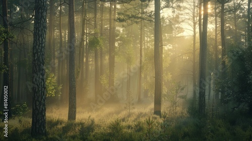 A serene early morning forest scene  sunlight filtering through tall  dense trees  the ground covered in a light mist  everything bathed in a soft  golden glow. Created Using  cinematic lighting 