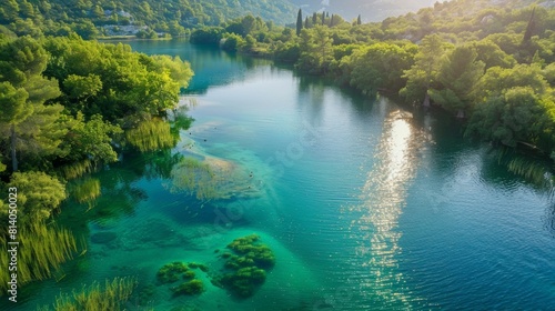 A sunlit lake at midday, wildlife visible along the shores, lush greenery surrounding the clear blue water, capturing a vibrant and wild cinematic landscape. Created Using: midday sun, clear blue