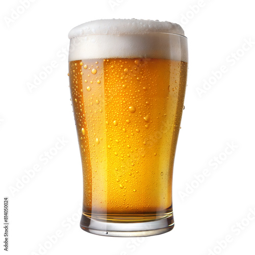 A clear pint glass brimming with golden beer and a creamy foam top