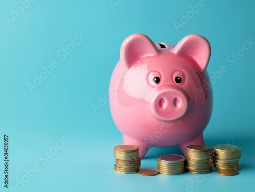 A pink piggy bank with coins on top of it