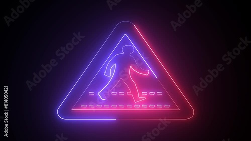 UK road sign indicating people crossing the road. a neon triangular road caution sign. Triangle warning road sign photo