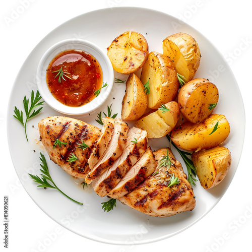 Grilled chicken slice with potato sauce isolated on white background
