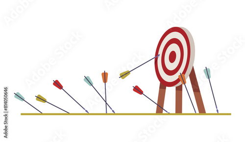 Vector image of a target with one hit arrow and many missed arrows on a white background