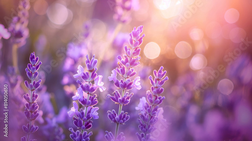 Lavender flowers blooming on a meadow, copy space background.
