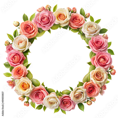 A wreath made of pink and cream roses arranged in a circle