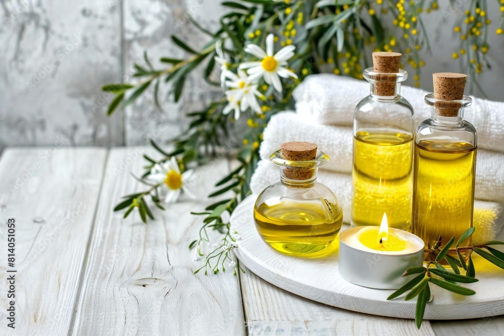 Essential Beauty Treatment Items displayed on a White Wooden Table in a Spa Essential Beauty Treatment Items displayed on a White Wooden Table in a Spa