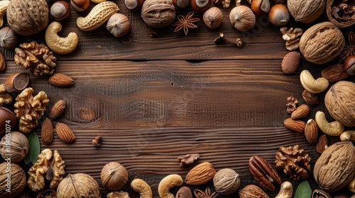 A wooden background with various nuts arranged in an oval shape, creating space for text or graphics. The nuts include walnuts, hazelnuts and cashews.