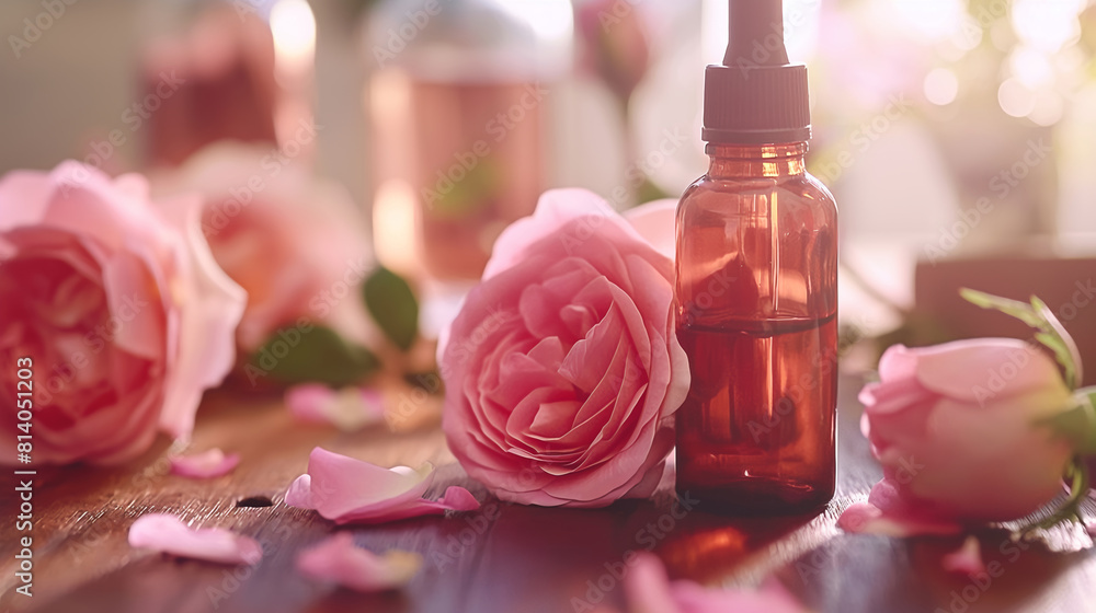 Rose essential oil in a bottle, blooming rose and rose petals on a wooden desk, creative copy space background. Nourishing oil for aromatherapy, cosmetics and body care Rose essential oil in a bottle, blooming rose and rose petals on a wooden desk, creative copy space background. Nourishing oil for aromatherapy, cosmetics and body care
