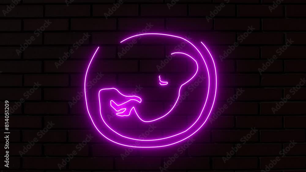 Purple glowing child from the future and a placenta in the uterus. Glowing neon embryo child icon in line style. A human baby in the womb Purple glowing child from the future and a placenta in the uterus. Glowing neon embryo child icon in line style. A human baby in the womb