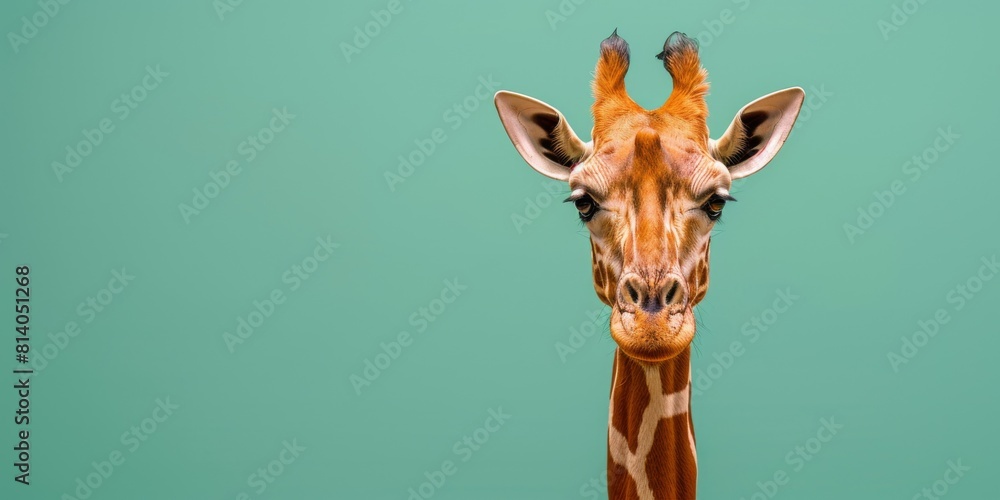 Funny giraffe face close-up on a plain background, banner with a cute animal. Concept: travel and recreation, zoos and nature reserves