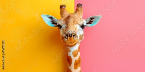 Funny giraffe face close-up on a plain background, banner with a cute animal. Concept: travel and recreation, zoos and nature reserves photo