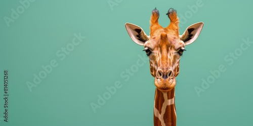 Funny giraffe face close-up on a plain background, banner with a cute animal. Concept: travel and recreation, zoos and nature reserves