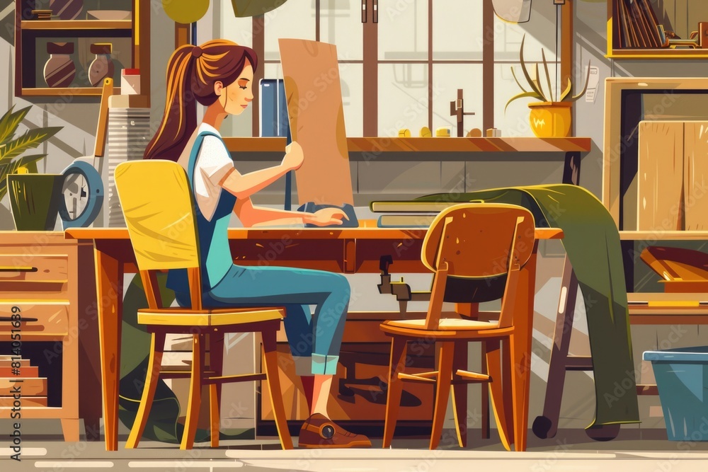 A woman sitting at a desk in front of a computer. Suitable for office and technology concepts A woman sitting at a desk in front of a computer. Suitable for office and technology concepts