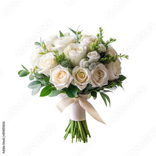 A bridal bouquet featuring white roses, green leaves, and ribbon