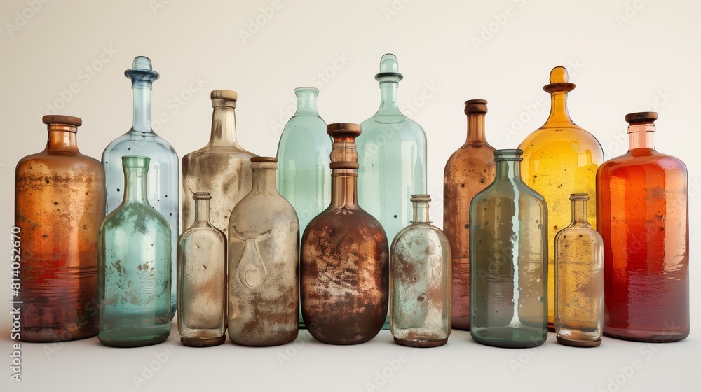 A variety of unique glass bottles in different sizes and shapes. A variety of unique glass bottles in different sizes and shapes.
