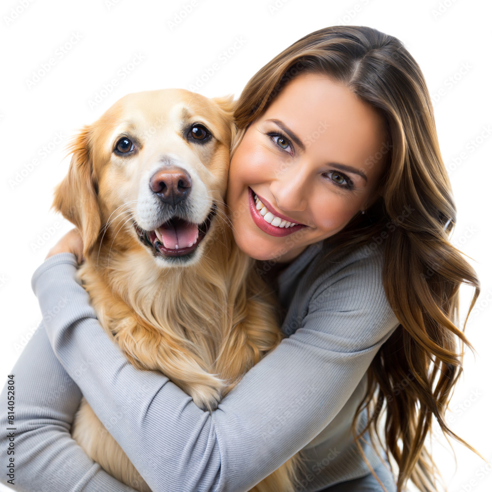 A joyous woman hugs her happy dog with a bright smile