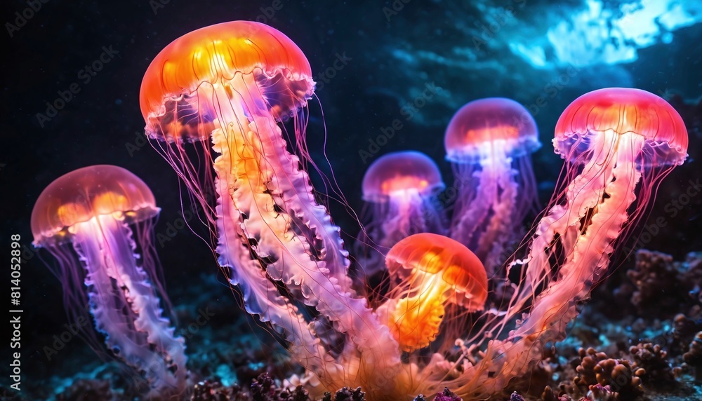 Naklejka premium Glowing jellyfish that swim underwater in their natural habitat in the ocean close to the surface at night