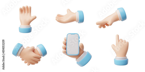 Hands gestures 3D vector set, hands emoji with mobile phone, handshake, palm down, five fingers, pointer, blue sleeve