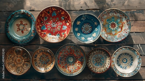 A set of hand-painted ceramic plates with intricate designs  arranged on a wooden table