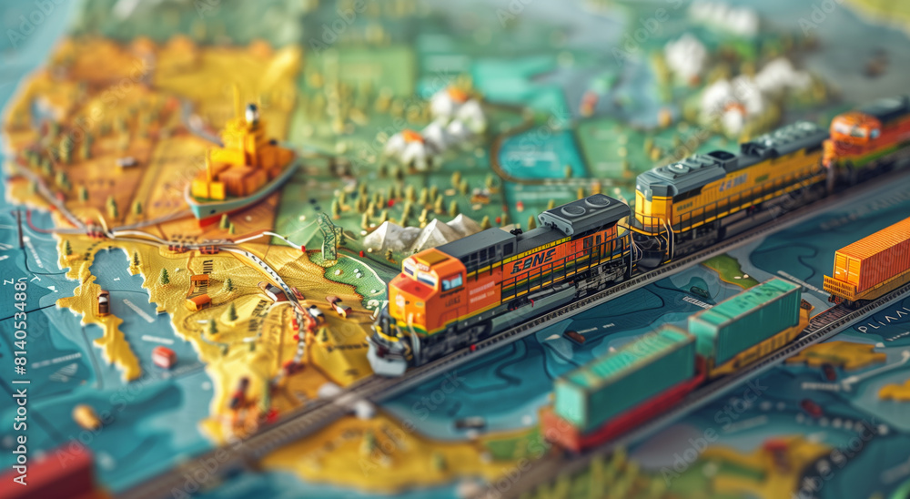 Obraz premium stylized map of the southern US border, with miniature freight trains, ships, and trucks in transit