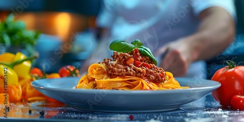 Chef's Delectable Tagliatelle al Rag alla Bolognese. Concept Italian Cuisine, Pasta Recipes, Homemade Sauces, Cooking Techniques, Gourmet Dishes photo