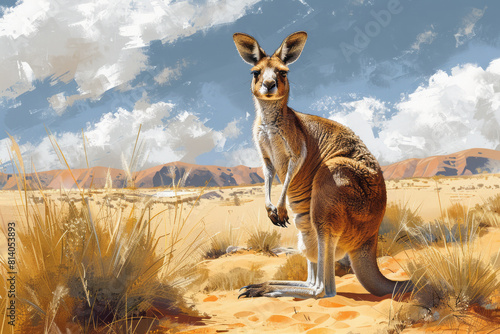 Illustration of a kangaroo, its pouch opening into a desert landscape complete with sand dunes, photo