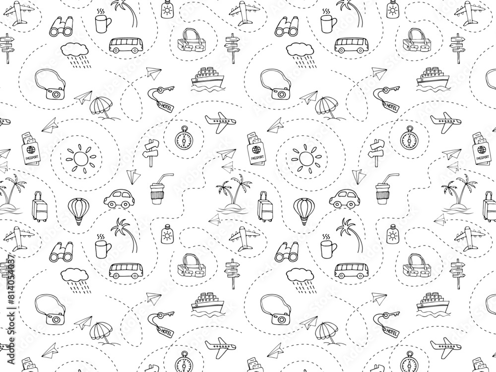 Seamless monochrome pattern. Icon set of elements for summer vacation travel, hand drawn vector doodles in line style. Line contour  in sketch style.