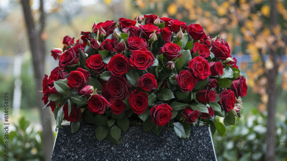 Red Roses Memorial A beautiful bouquet of red roses is placed on a black granite tombstone ...