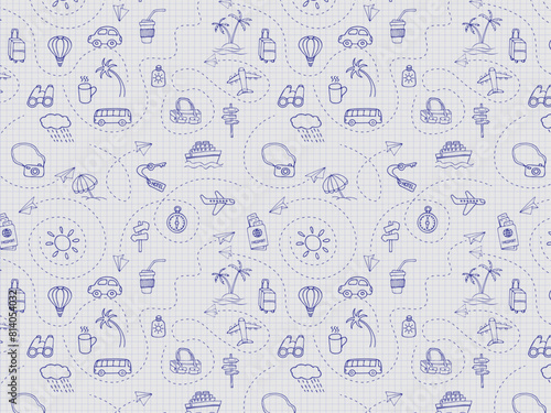 Seamless monochrome pattern on checkered paper. Icon set of elements for summer vacation travel, hand drawn vector doodles in line style. Line contour  in sketch style.