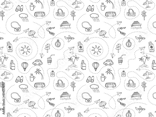 Seamless monochrome pattern. Icon set of elements for summer vacation travel, hand drawn vector doodles in line style. Line contour  in sketch style.