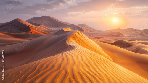 An otherworldly desert landscape  with sand dunes sculpted by the wind into elegant curves and ridges. The sun hangs low on the horizon  casting long shadows across the golden sands and painting