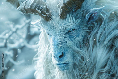High-altitude creature with fur that has thermal reflective properties, shimmering in icy blues and whites, photo