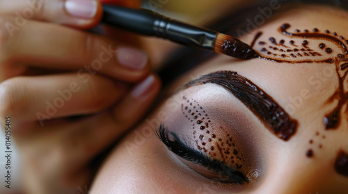 A makeup artist carefully applies henna to freshly plucked, designed, and trimmed eyebrows in a beauty salon. This is done to enhance the appearance of the face and provide professional care. photo