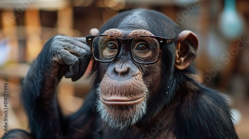 thoughtful chimpanzee wearing glasses photo