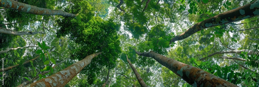 Fototapeta premium A panoramic view of the canopy from below, showcasing tall trees with lush green leaves that create an immersive forest landscape Generative AI