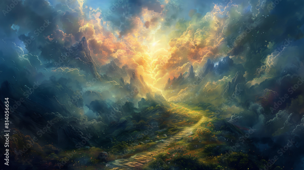 A path that leads up to the heavens, where light shines brightly. A path that leads up to the heavens, where light shines brightly.