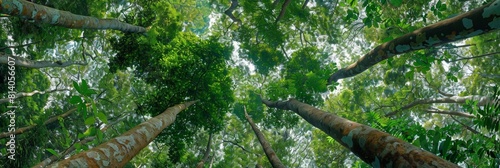 A panoramic view of the canopy from below, showcasing tall trees with lush green leaves that create an immersive forest landscape Generative AI photo