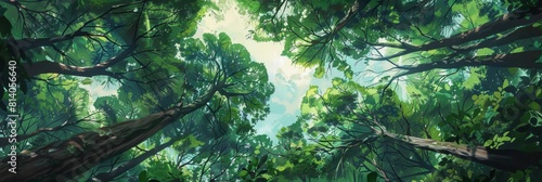 A panoramic view of the dense forest canopy from below, showcasing tall trees with lush green leaves that form an expansive backdrop Generative AI photo