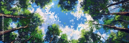 panoramic view of a lush green forest canopy with tall trees and a blue sky, looking up from the ground Generative AI photo