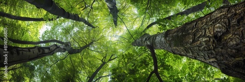 A panoramic view of the canopy from below, showcasing tall trees with lush green leaves that form an expansive forest landscape Generative AI photo