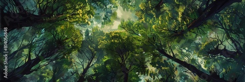 Panoramic view of a green forest canopy with tall trees and lush foliage  looking up from the ground Generative AI