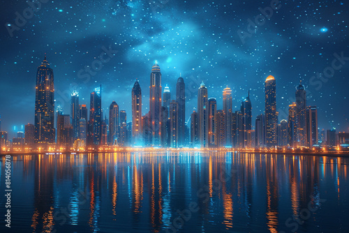 A dynamic city skyline captured at night, with AI-enhanced lighting creating a stunning visual spectacle against the backdrop of illuminated skyscrapers and twinkling stars.