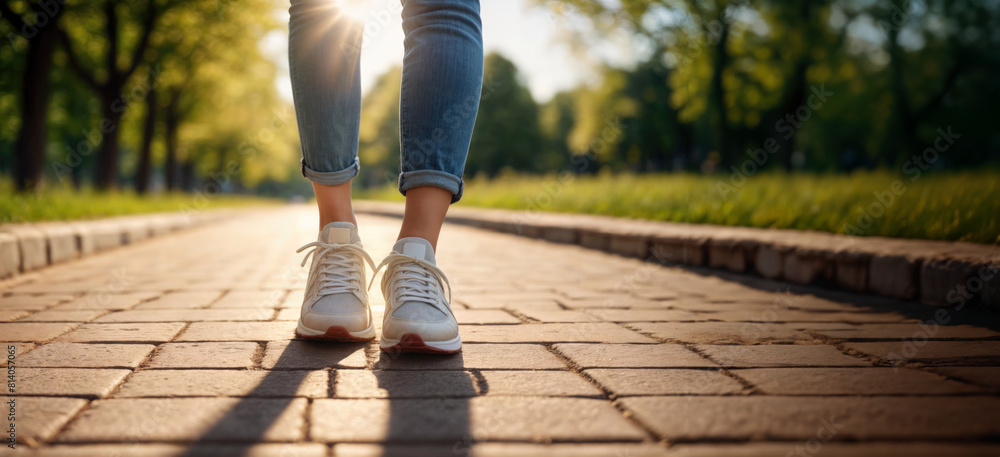 Close-up of the legs of a girl in sneakers and jeans, standing on the sidewalk tiles in the middle of the park against the background of the setting sun, the golden hour of a summer day Close-up of the legs of a girl in sneakers and jeans, standing on the sidewalk tiles in the middle of the park against the background of the setting sun, the golden hour of a summer day